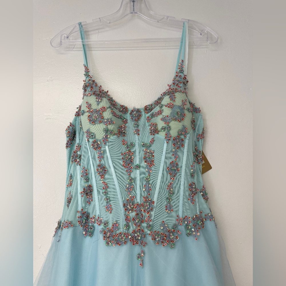 Aspeed Blue Embellished Gown with Spaghetti Straps